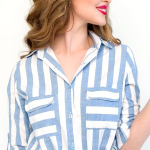 Waist Tie Dress in Blue and White Stripe