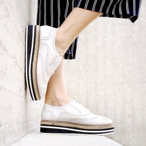 Platform Brogue-Trim Leather Oxfords in White